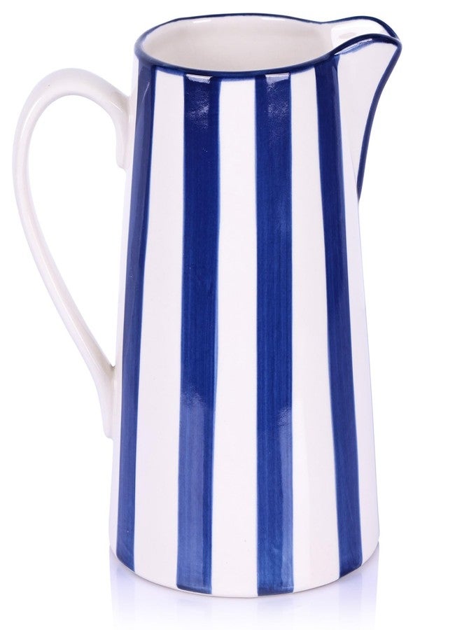 oliruim Ceramic Blue and White Pitcher Vase with Handle, Hand Painted Farmhouse Boho Pottery Jug for Decor Table Centerpiece, Kitchen, Home Desktop Decor Vase (Stripes) - Image 1